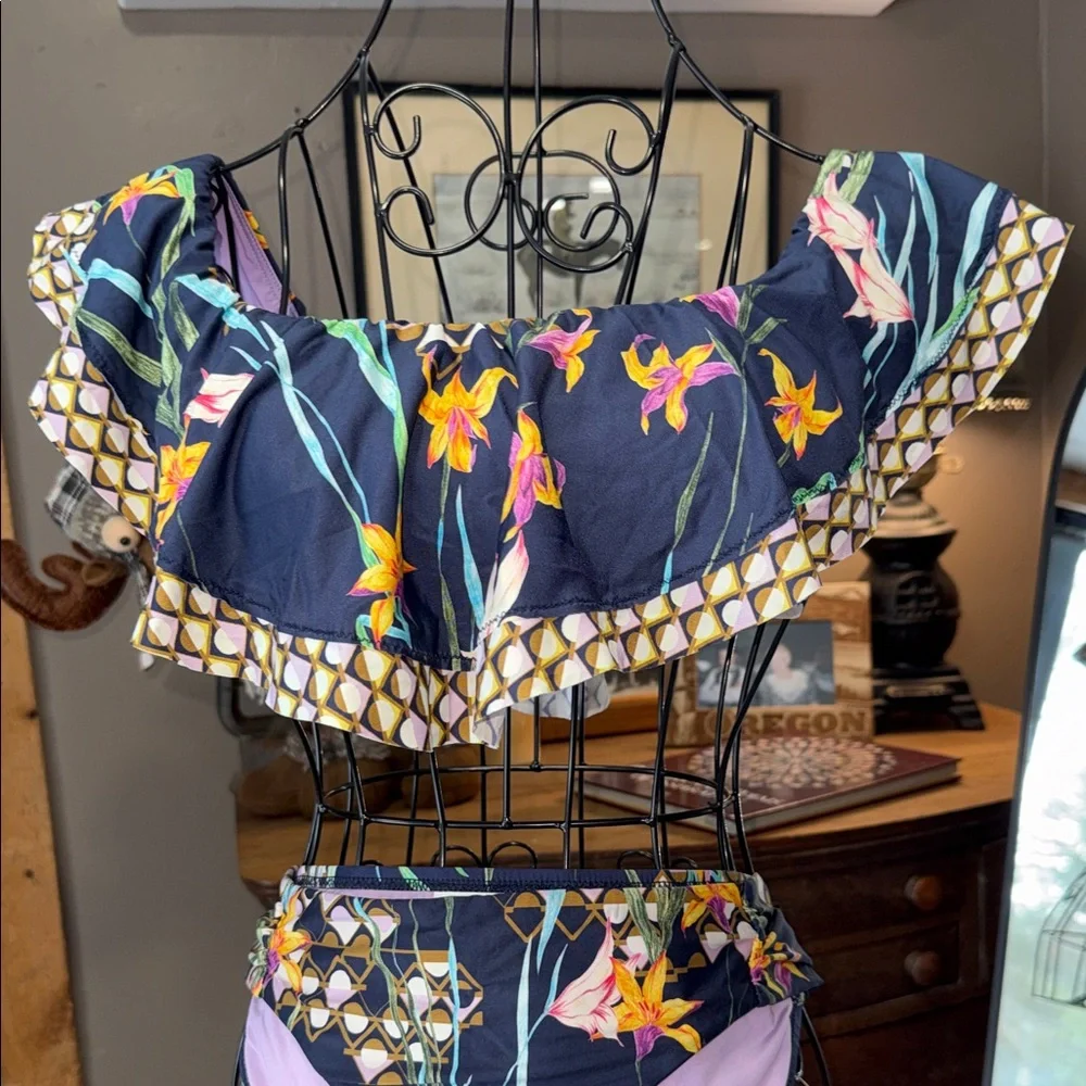 Trina Turk Navy Floral Off-Shoulder Bikini with Lilac Lining - Picture 3 of 8